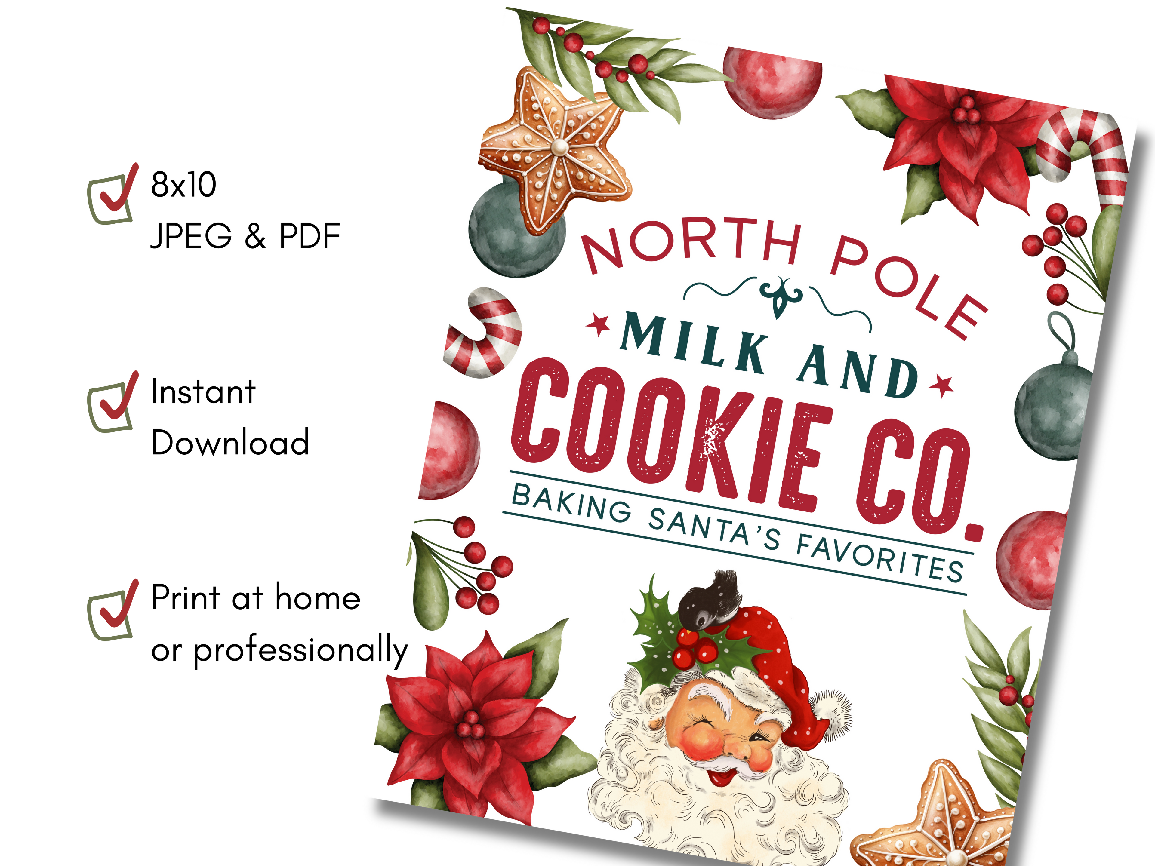 Santa Milk and Cookies Sign, 8x10 Instant Download, North Pole Christmas Baking Sign